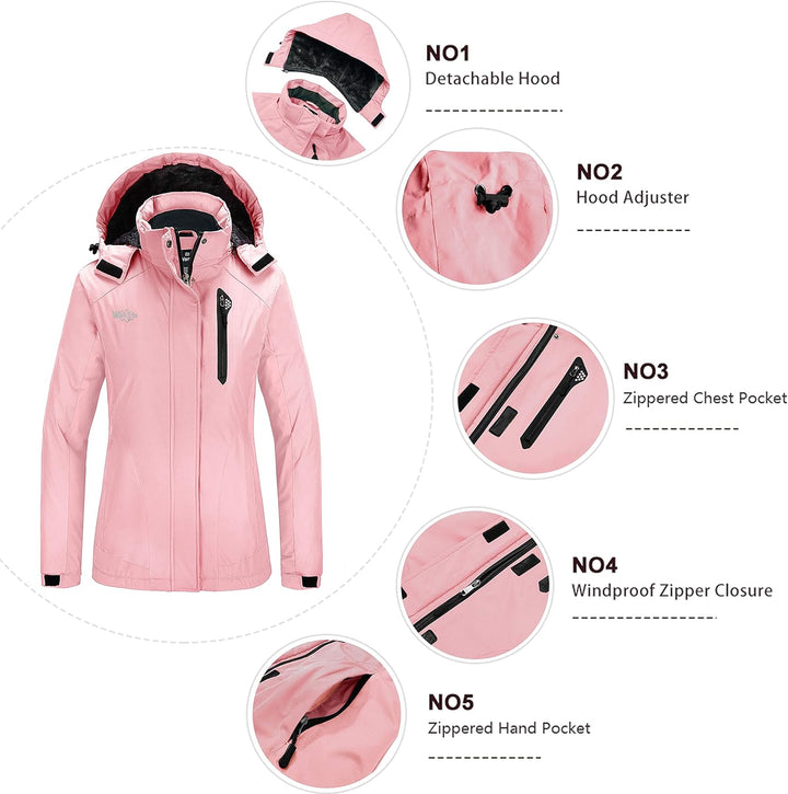 Wantdo Damen Winter Skijacke Warm Fleece Mantel Berg Snowboardjacke Outdoor Kapuzen Windbreaker Jack