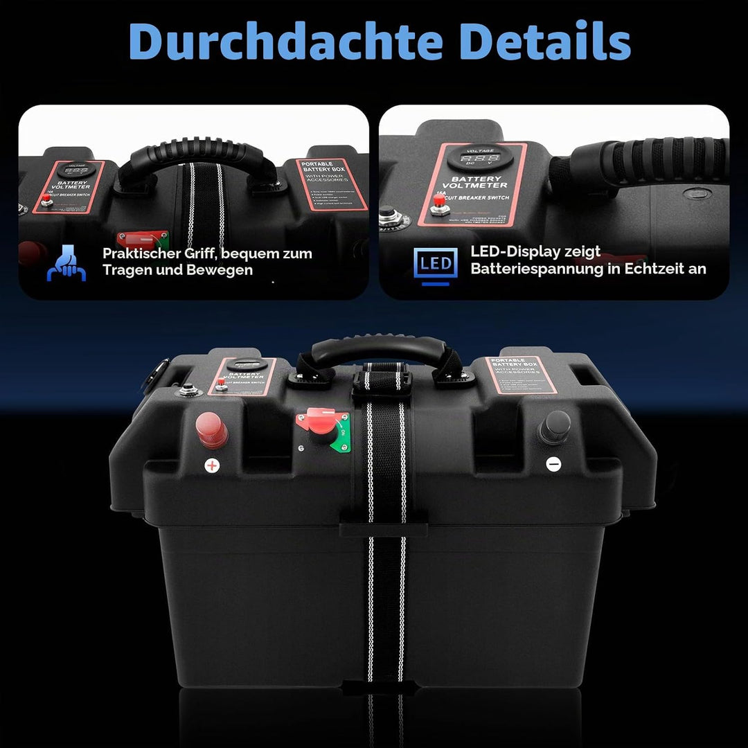 Akku Batteriebox mit Doppel-USB-Anschluss, Batteriekasten Batteriebox Boot mit LED-Anzeige, Batterie