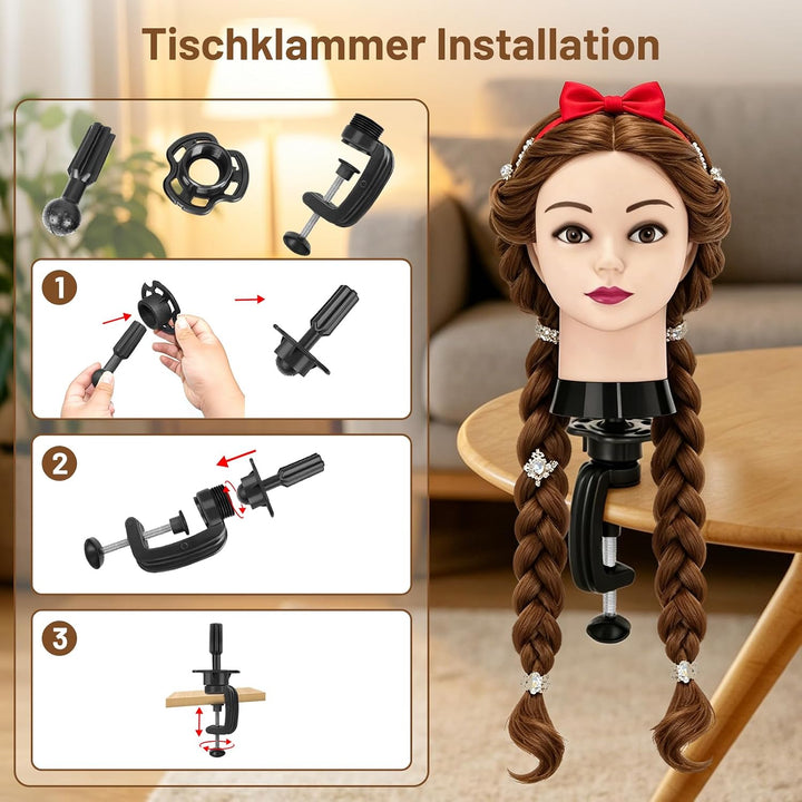 TwoWin Frisierkopf 80% Echthaar, Übungskopf 24 Zoll /60cm Friseurkopf, Trainingskopf für Friseure fü