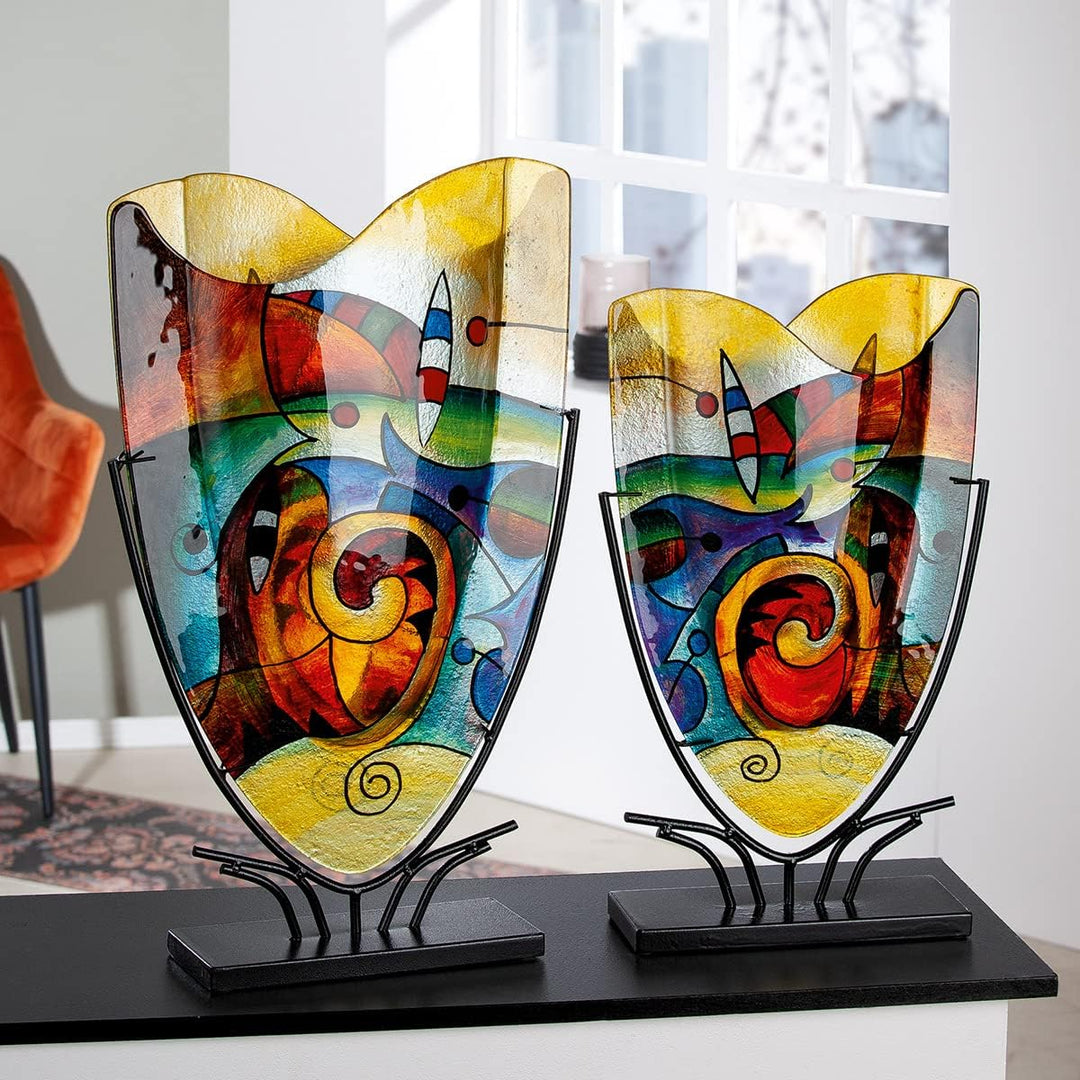 GILDE GLAS art Deko Vase auf schwarzem Metall Ständer - Kunstobjekt handbemalt - Mehrfarbig Höhe 58