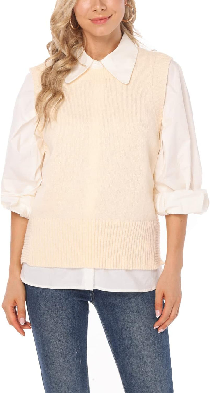 Dilgul Damen Weste Pullunder Ärmellos Weste Strick Winter Strickweste Pullover Rundhalsausschnitt St
