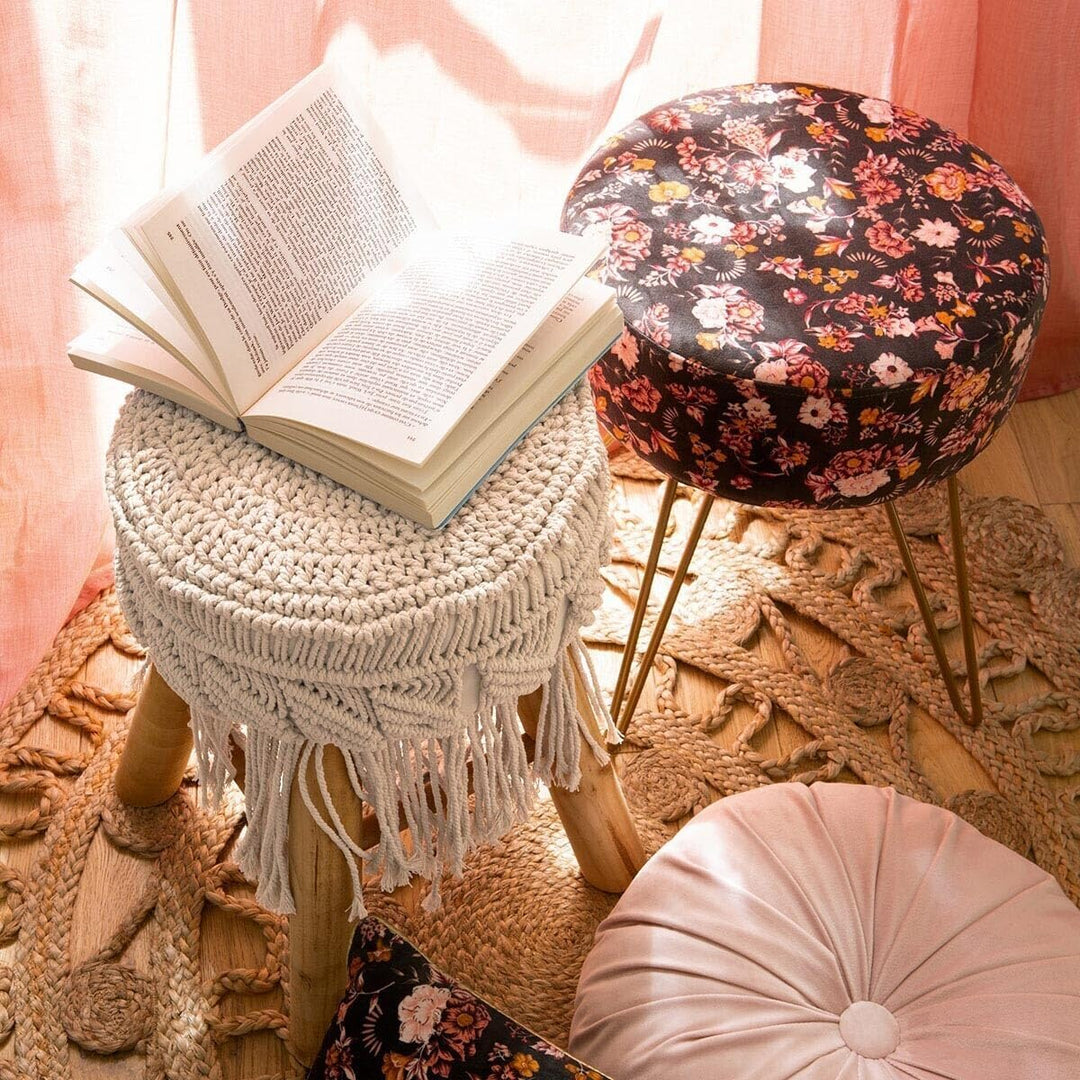 Hocker - Makramee und Holz - Beige - Atmosphera créateur d'intérieur cm Beige, cm Beige