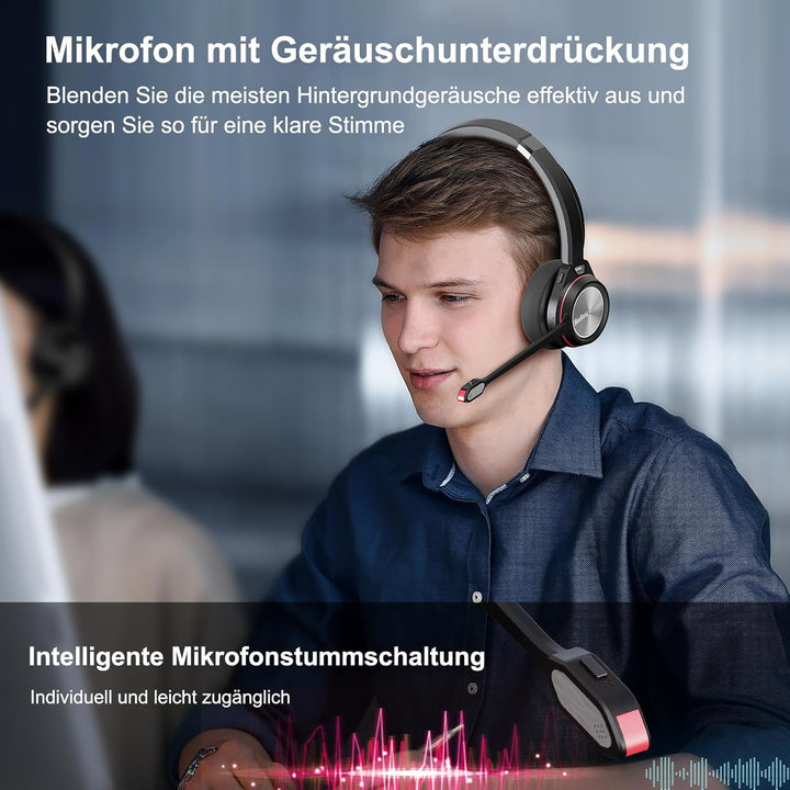Bluetooth Headset mit Mikrofon Noise Canceling, Wireless Headset mit Ladestation & USB Dongle für PC