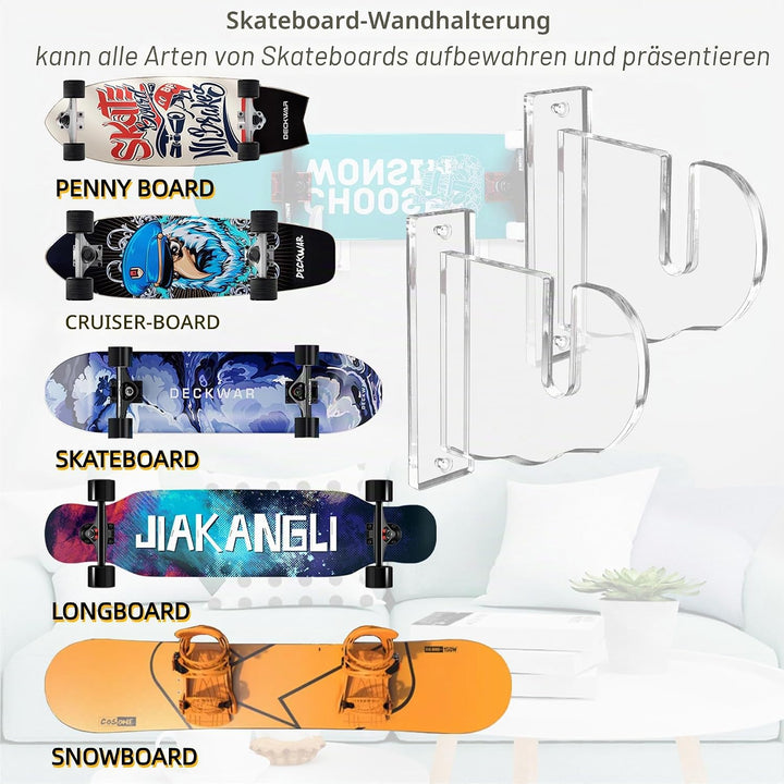 BiJun Skateboard Wandhalterung, Acryl Skate Deck Wandhalterung, Skateboards Horizontale Aufhänger Di