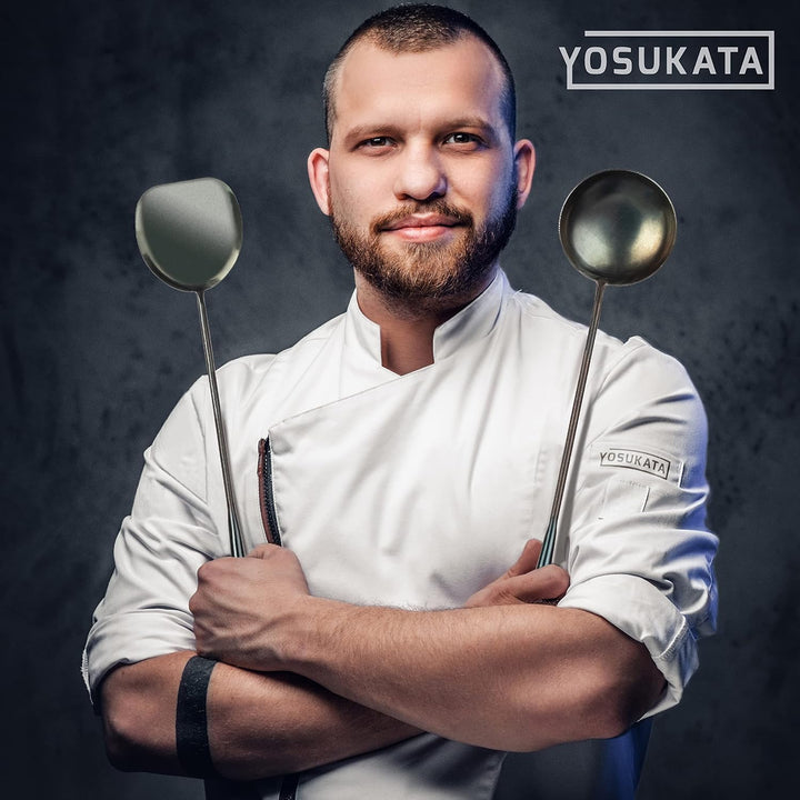 YOSUKATA Wok-Utensilien-Set – blauer Karbonstahl, 43,2 cm, Wok-Spatel, Wok-Schöpflöffel, 3 Paar Esss