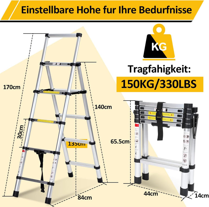 Fiqops 1.4+1.7M Klappleiter Teleskopleiter, A-Rahmen 4+5 Sprossen Aluminiumleiter, Rutschfester Alul