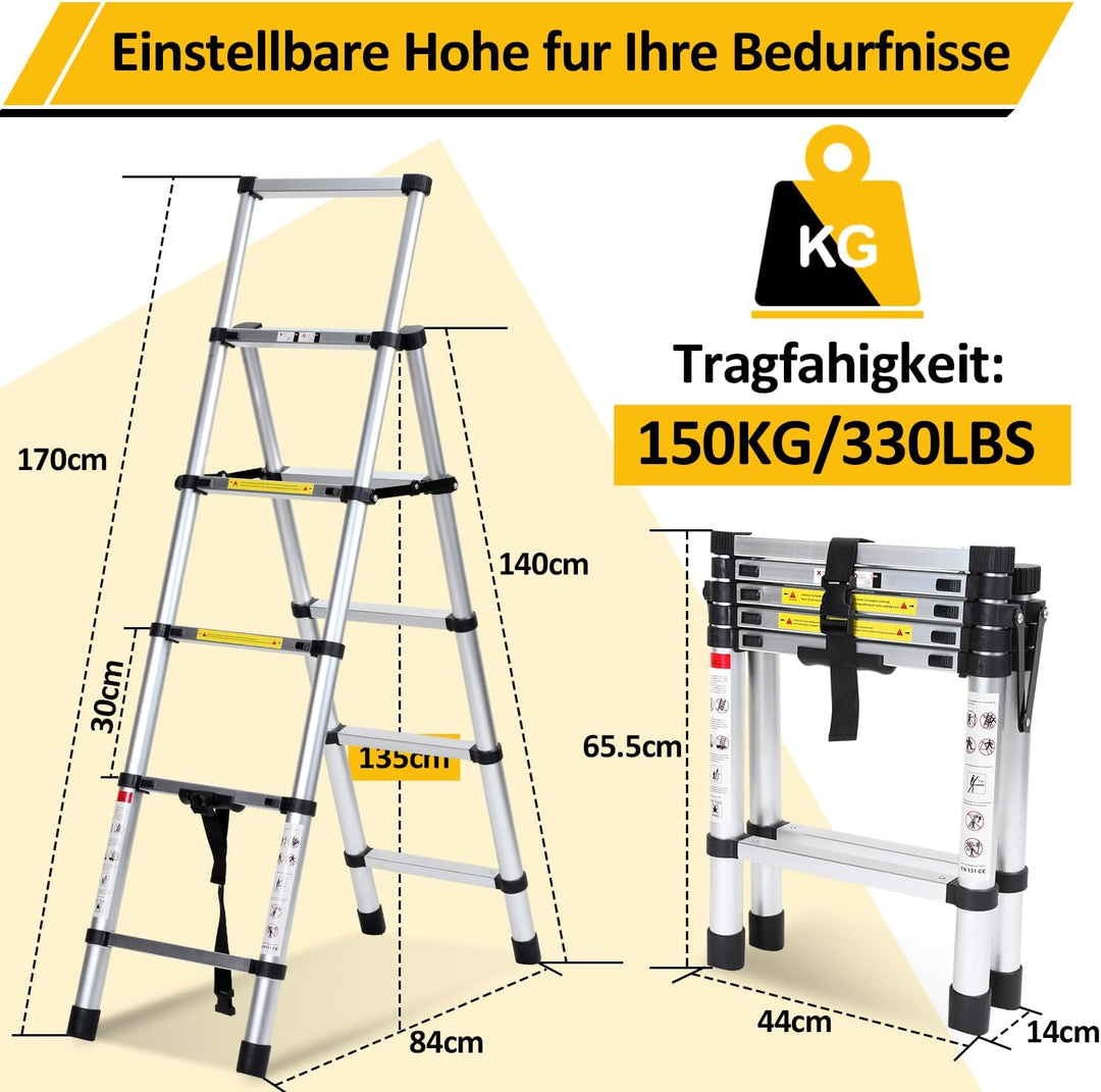 Fiqops 1.4+1.7M Klappleiter Teleskopleiter, A-Rahmen 4+5 Sprossen Aluminiumleiter, Rutschfester Alul