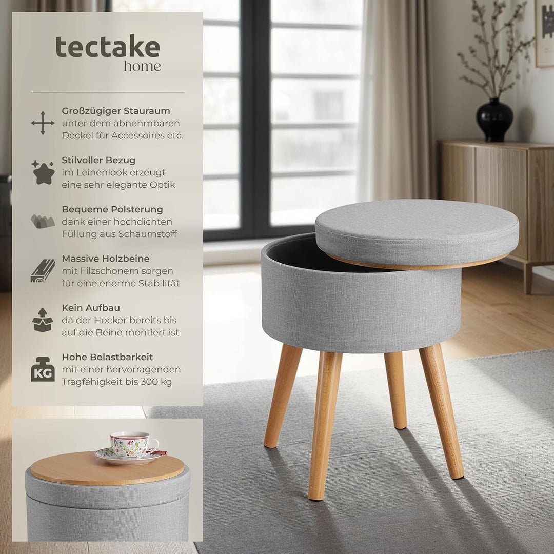 tectake 800836 Sitzhocker mit Stauraum in Leinenoptik, bis 300 kg belastbar, rund, Deckel abnehmbar,