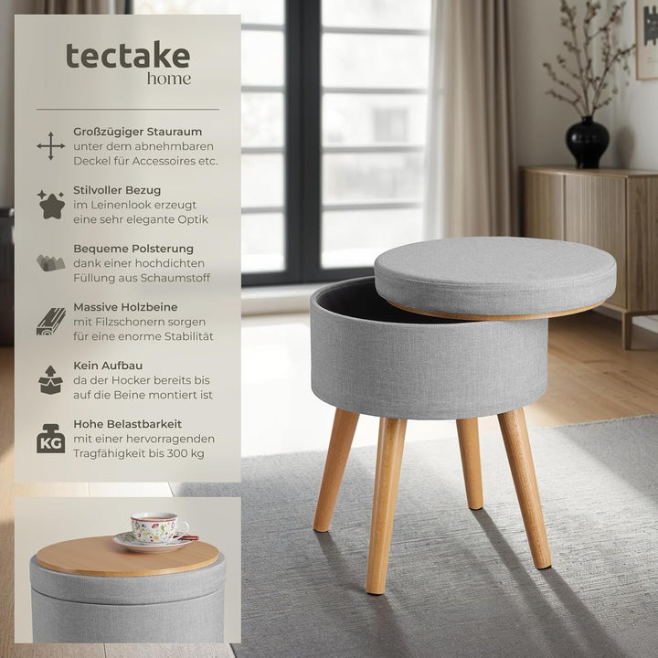 tectake 800836 Sitzhocker mit Stauraum in Leinenoptik, bis 300 kg belastbar, rund, Deckel abnehmbar,