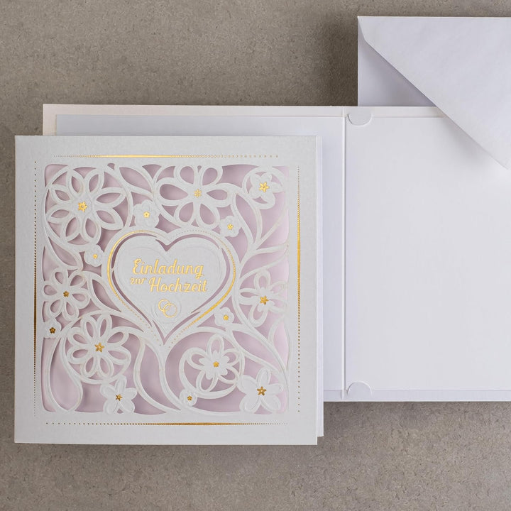ART NUVO HOCHZEITSEINLADUNGEN - 20 St. 135x135mm, MIT BEDRUCKBAREN EINLAGEN UND UM-SCHLÄGEN FÜR HOCH