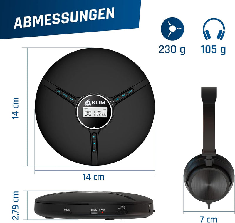 KLIM Discman mit Kopfhörer - Tragbarer CD-Player mit Kopfhörer - mit eingebautem Akku - NEU 2024 - K