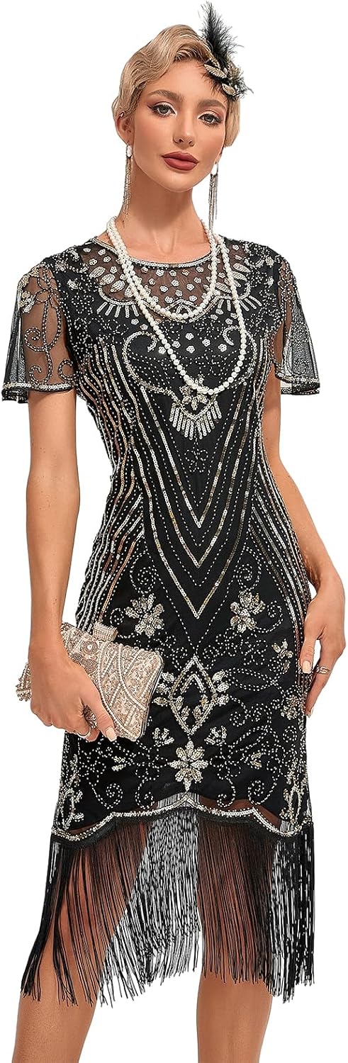 VILOREE 1920s Kleid Damen Flapper Charleston Kleid Gatsby Pailletten Cocktail Abschlussballkleid Par