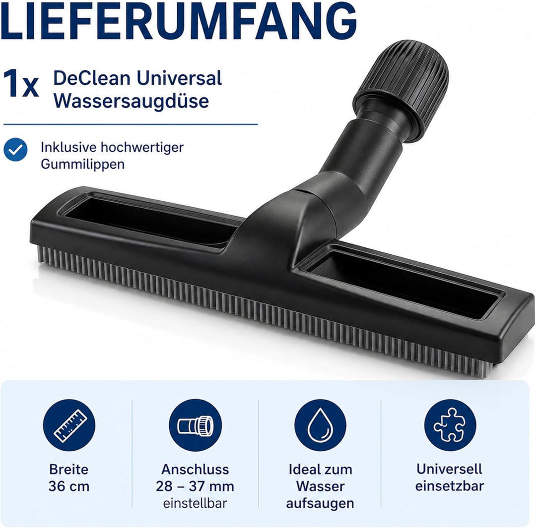 DeClean Universal Wassersaugdüse für Staubsauger – 36 cm, Gummilippen & Nylonhaar, Flexibles Gelenk,