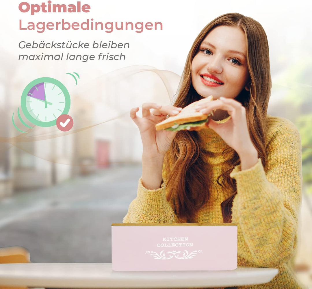DRULINE Brotkasten mit Bambusdeckel - Brotaufbewahrung - Brotbox mit Schneidebrett - Brotkasten rosa