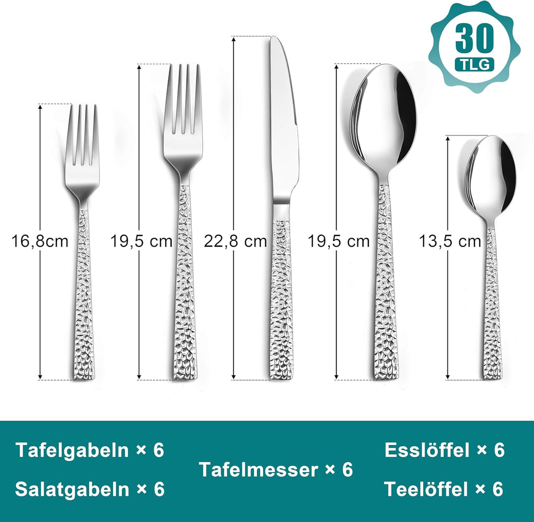 TEAMFAR Besteck Set, 30-teilig Edelstahl poliert Besteckset für 6 Personen, Gehämmertes Essbesteck f