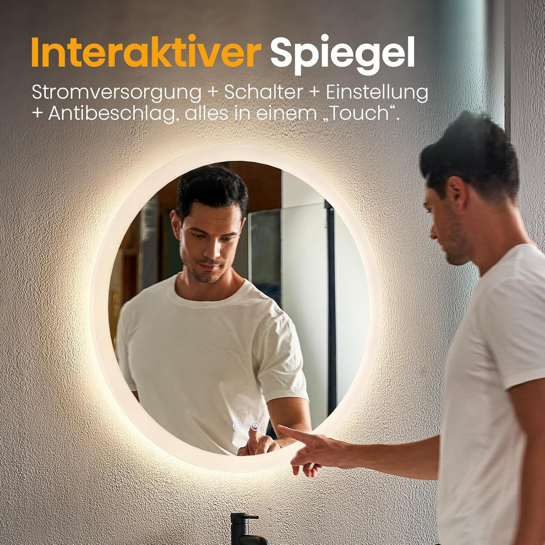 EMKE Badspiegel mit Beleuchtung Rund 70cm, Dimmbar, Beschlagfrei | LED Spiegel mit Beleuchtung, 3 Li