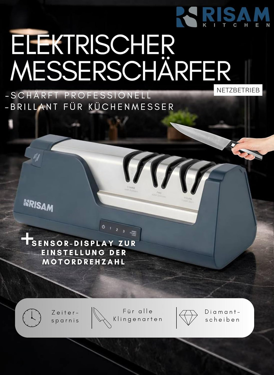 Messerschärfer elektrisch – 2-Stufen Schleifsystem – Messer schärfen für Küchenmesser & Keramikmesse