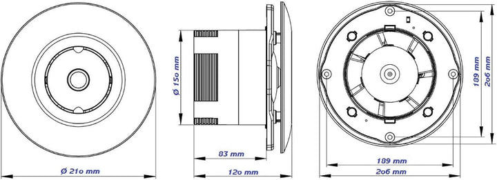 VONLIS Badlüfter Ventilator Wand Decke Niederspannung rund Ø 150 mm Feuchtesensor + Rückstaukl., Ø 1