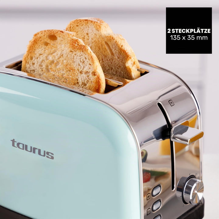 Taurus – Toaster Vintage II Mint 950W | 2 Schlitze 135x35mm | 7 Bräunungsstufen | 3 Funktionen | Ede