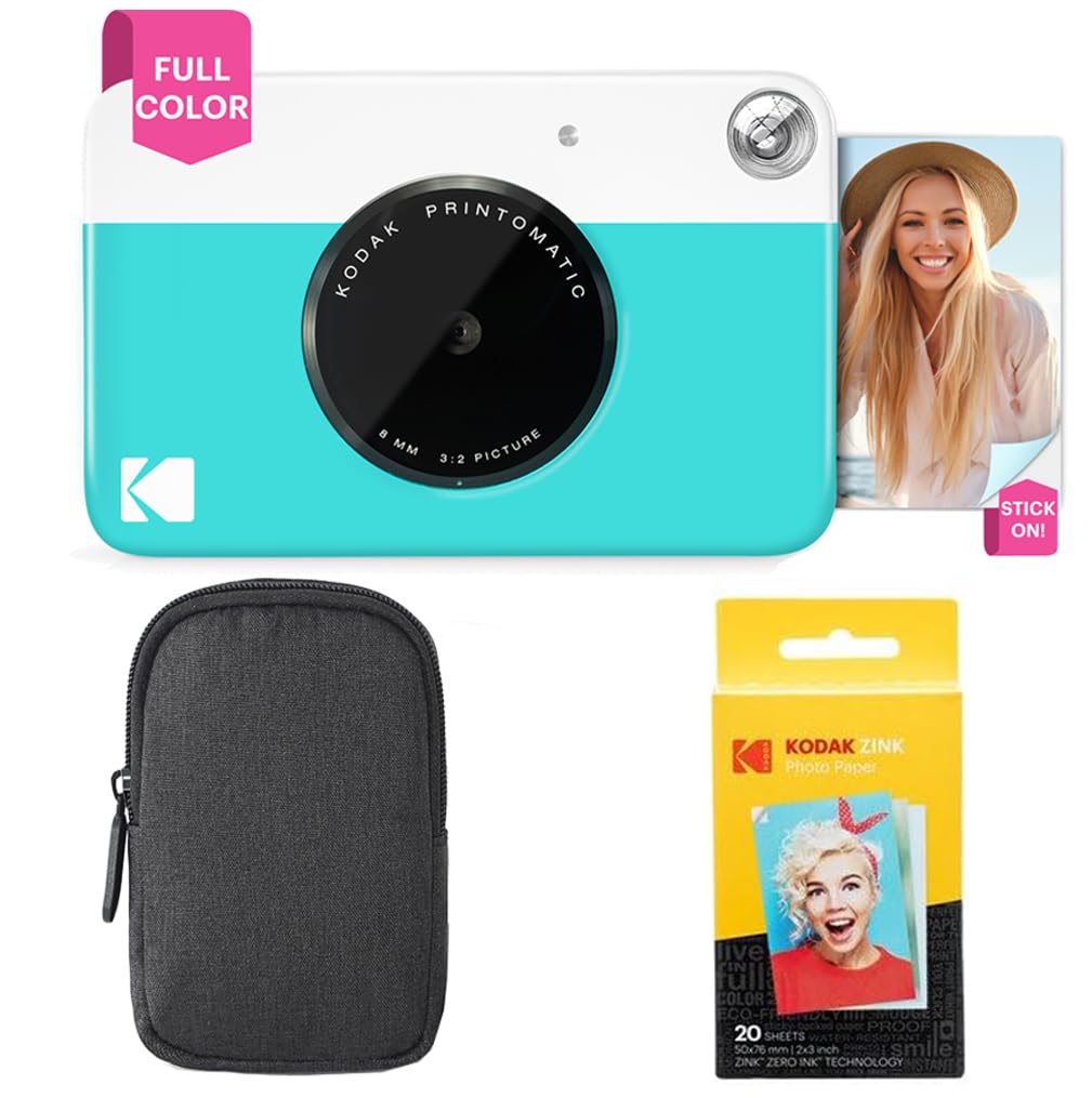 Kodak Printomatic Sofortbildkamera (Blau) Basis-Paket + Zinkpapier (20 Blätter) Etui + Bequemer Hals