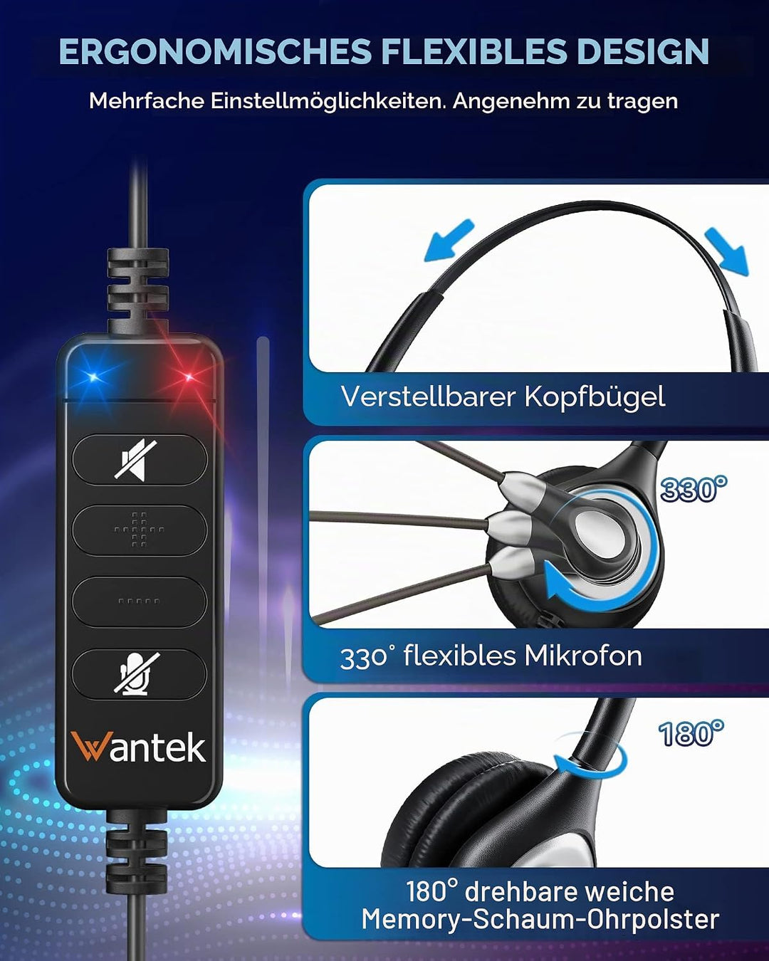 Wantek Kabelgebundene USB-Headsets Mono mit Geräuschunterdrückungs-Mikrofon und Inline-Steuerung, UC