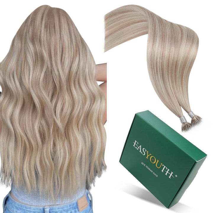 Easyouth Nano Bead Extensions Echthaar Farbe Aschblond und Gelb Blond 14 Zoll 50 Stück 50g Nano Loop