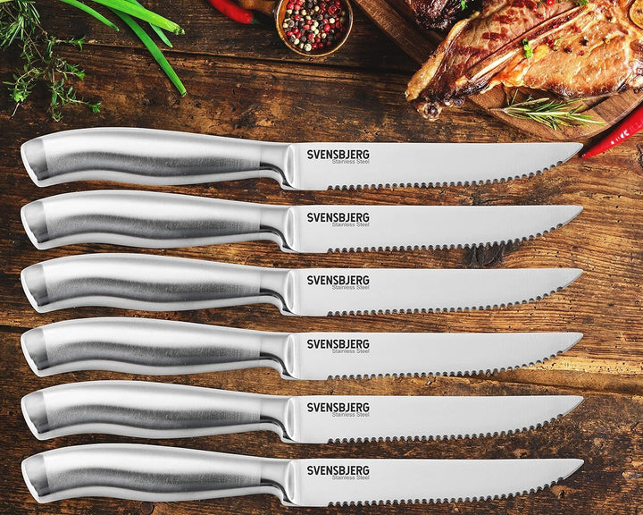 Svensbjerg Steakmesser-Set, Wellenschliff, Edelstahl Steakmesser, Pizzamesser, Grillmesser, 6-teilig
