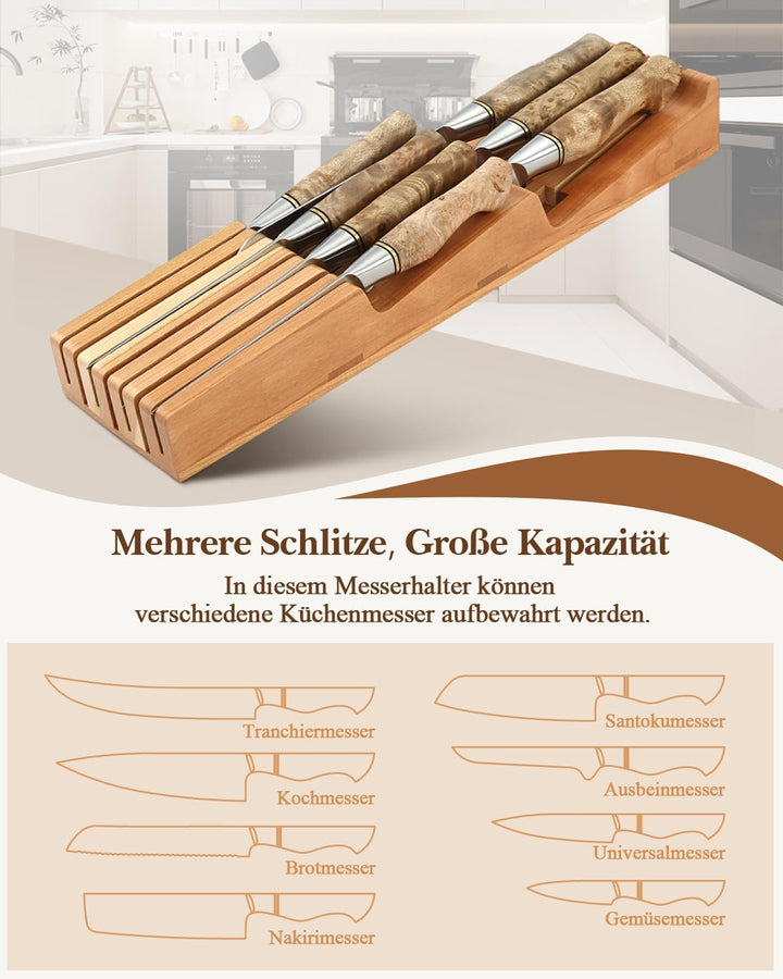 HEZHEN Messerhalter Schublade aus Kirschholz, In-Schublade Messerblock Holz Messerorganizer für die