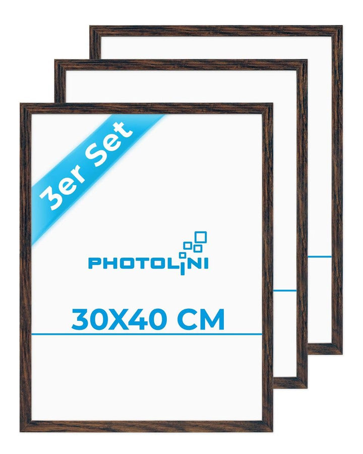 PHOTOLINI Bilderrahmen 30x40 cm MDF-Holz Eiche Dunkel, 3er Set Posterrahmen, bruchsicheres Acrylglas