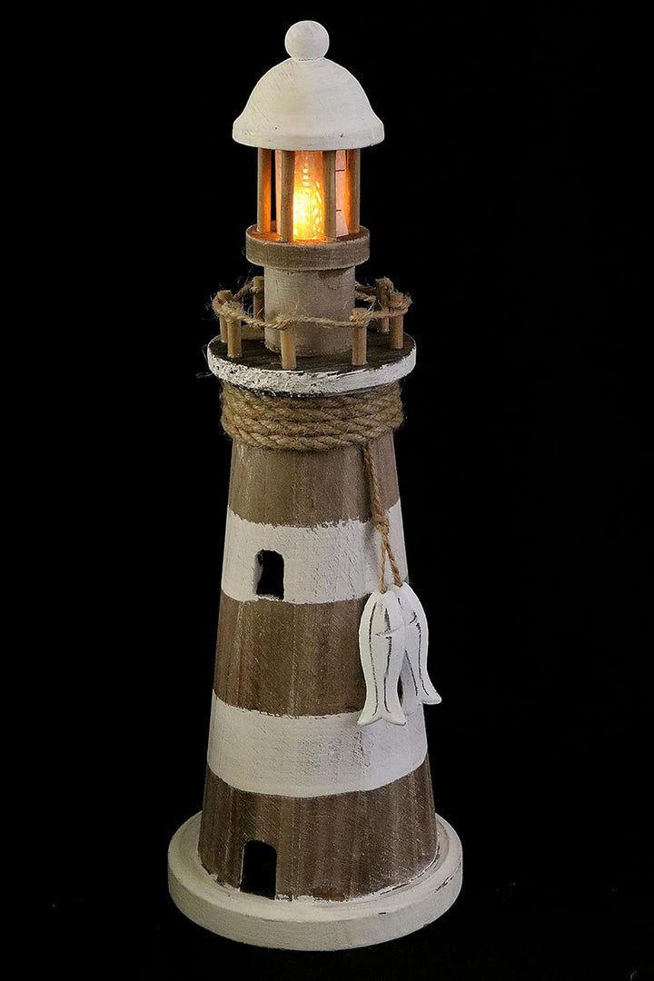 ELLUG Leuchtturm aus Holz mit flackernden LED-Lichtern und maritimen Details zum Stellen mit Timer-F
