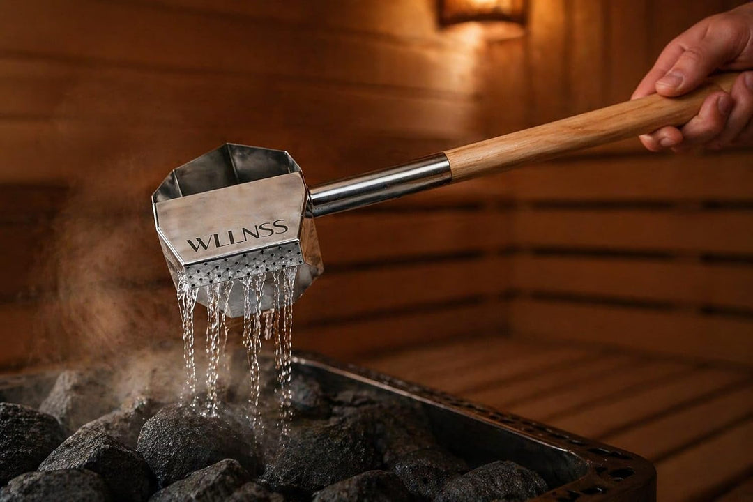 Saunakelle mit Regeneffekt 500 ml – Grosse Edelstahl Aufgusskelle mit langem Holzgriff – Gleichmässi