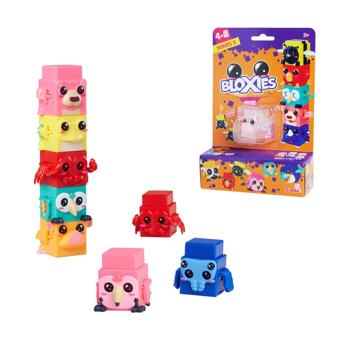 Simba Toys Bloxies Figur Serie II (4 Stück) – Tier-Baustein zum Stapeln und Sammeln, lustiger Bewegu