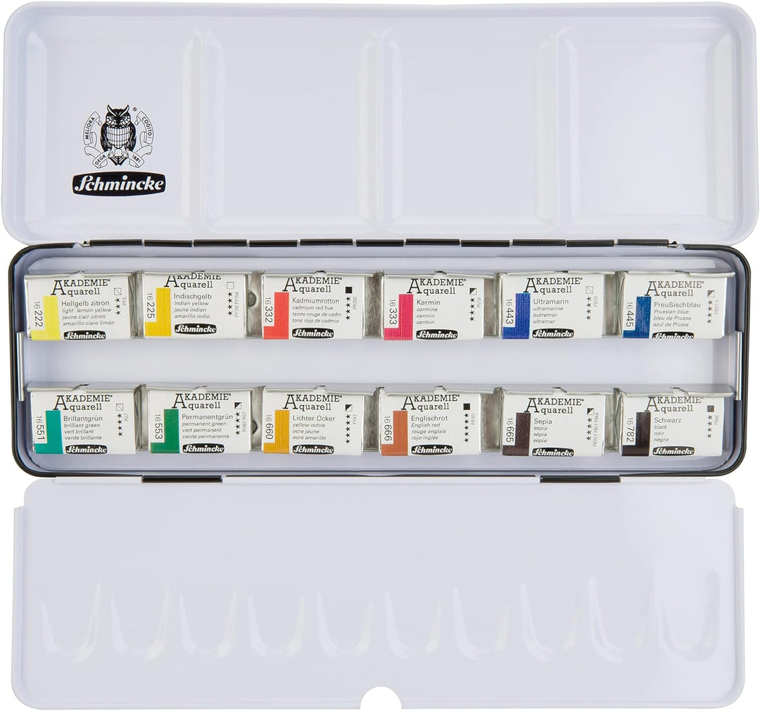 Schmincke – Akademie Aquarell Farbkasten, Grundsortiment 12 x 1/1 Näpfchen, 75 312 097, Metallkasten
