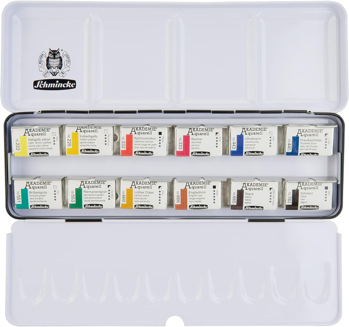 Schmincke – Akademie Aquarell Farbkasten, Grundsortiment 12 x 1/1 Näpfchen, 75 312 097, Metallkasten