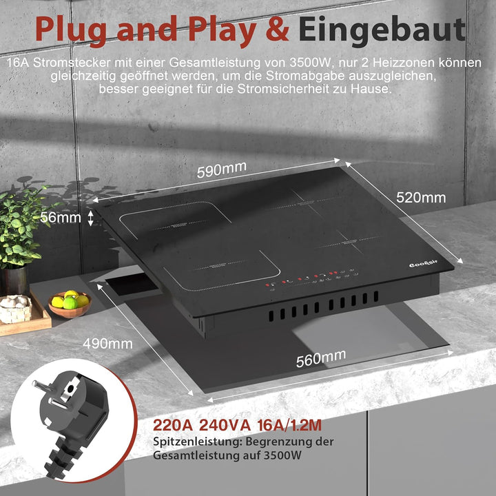 Induktionskochfeld mit Stecker, Cooksir Induktions Kochfeld 4 Platten, Einbau 60CM, Flexible Kombini