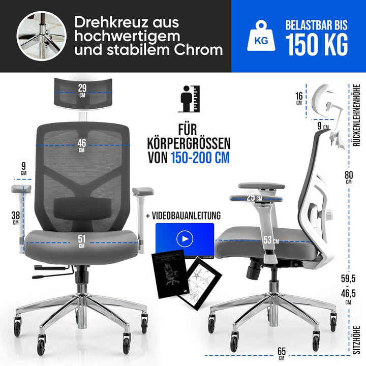ELITESEATS Bürostuhl Ergonomisch [Silent Wheels] - Schreibtischstuhl [4D Armlehnen] - Office Chair [