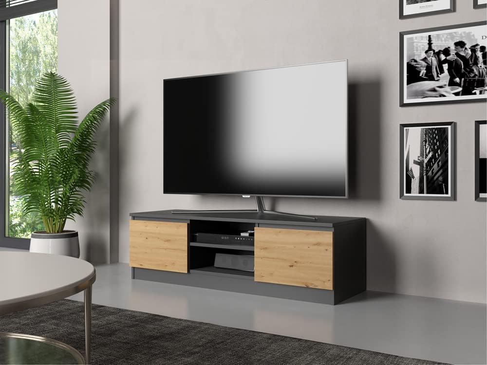 VBChome TV-Schrank 140 x 40 x 36 cm Eiche Aritsan-Antrazit Griffelose Tv-Regal Fernsehtisch mit 2 Tü