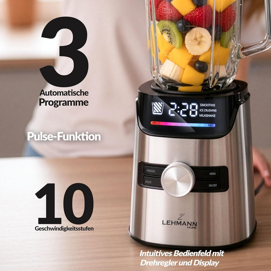 LEHMANN Standmixer mit Glasbehälter 1,7 L & Mix-und-go-Behälter, 10 Geschwindigkeiten, Puls & 3 Prog