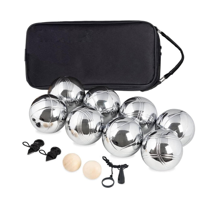 Boules-Set aus verchromtem Stahl (8 Kugeln),2 Holz-Zielkugeln, Abstandsmesser & Ballabsauger | Kompl