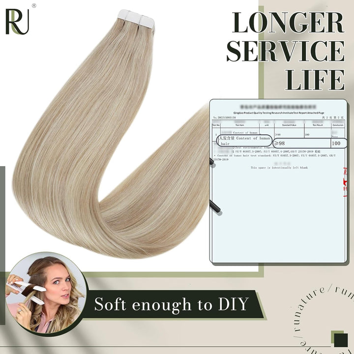 RUNATURE Blond Tape Echthaar Extensions 45cm Aschblond mit Platinblond Tape in Haarverlangerung Remy