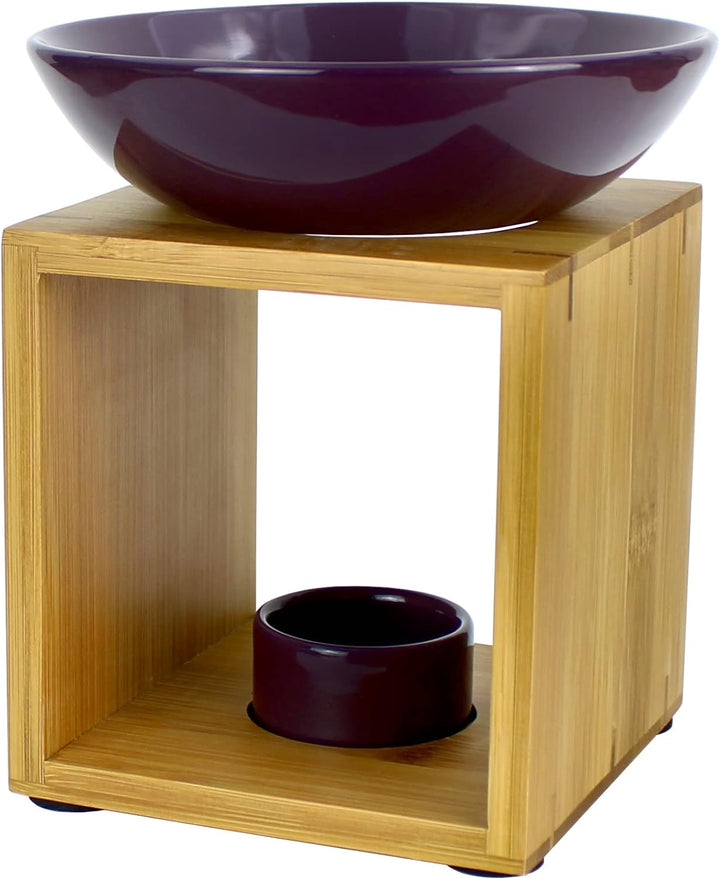 Bitto Duftlampe Malmö Aubergine mit Kerze, grosse Schale, Fair Trade, Aromalampe aus Bambusholz und