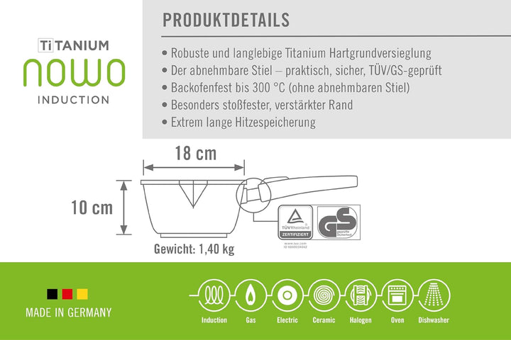 Woll Nowo Titanium Topf mit Glasdeckel in Box - Induktiv -, Ø 18 cm, 10 cm hoch, 2.0 Liter, 2 Seiten