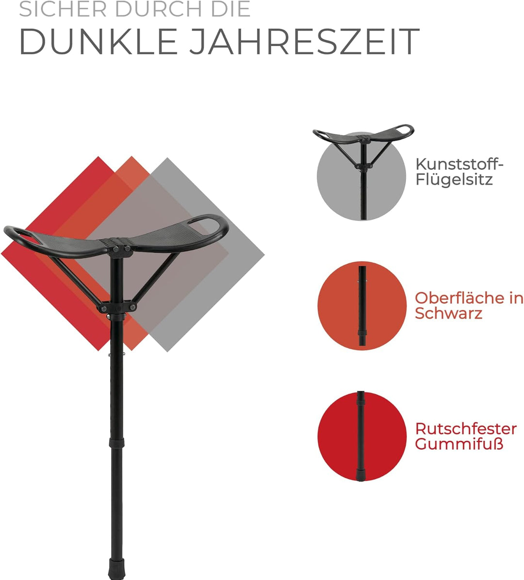 Ossenberg Sitzstock mit Kunststoff-Flügelsitz - Gehstock mit ausklappbarem Sitz - Stehhocker höhenve