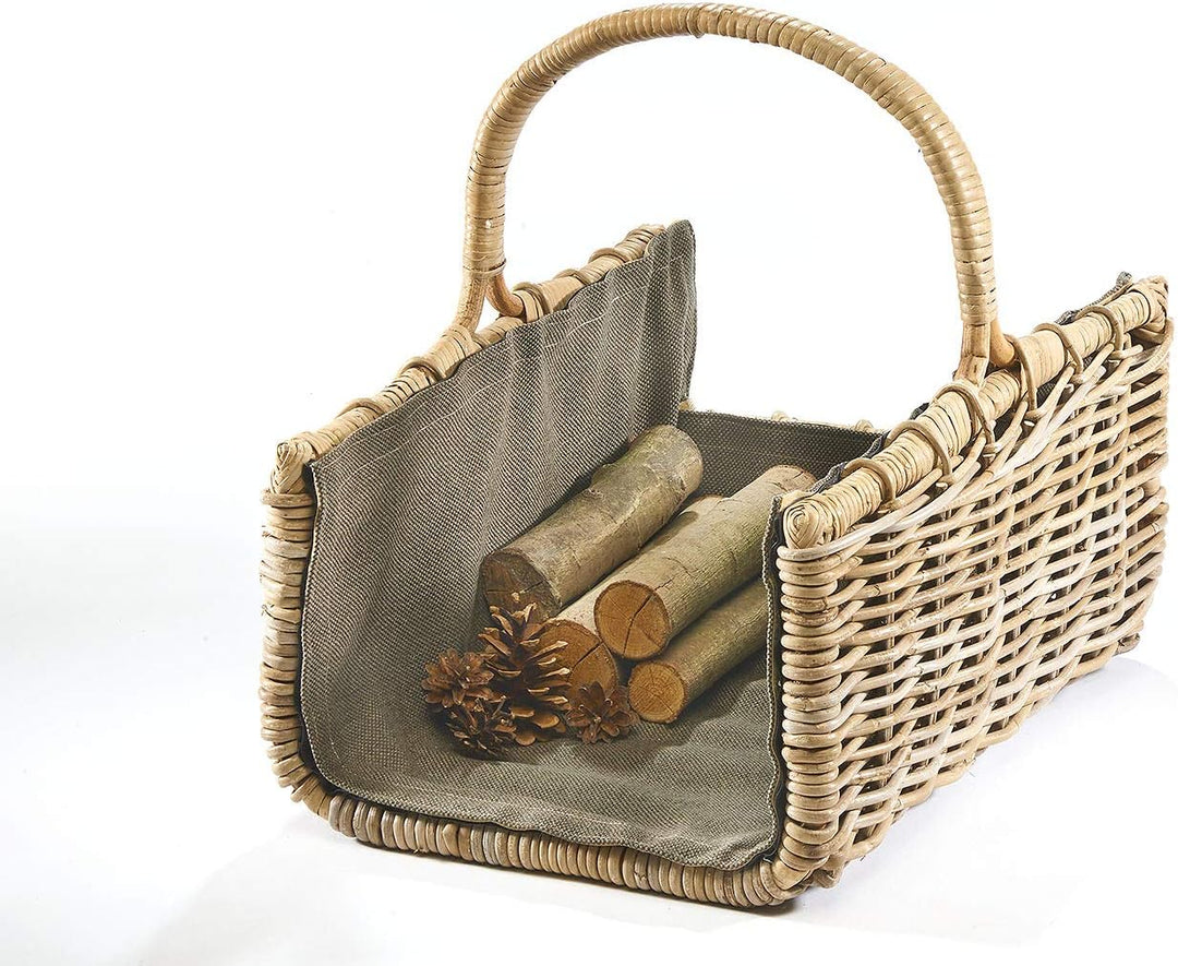 Kobolo Holztrage Holzkorb für Kaminholz eckig - Rattan grau - mit dunklem Stoff ausgestattet