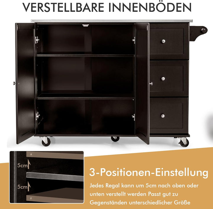 COSTWAY Küchenwagen mit Arbeitsplatte aus Edelstahl, Kücheninsel mit 3 Schubladen &amp; Verstellbarer Ab