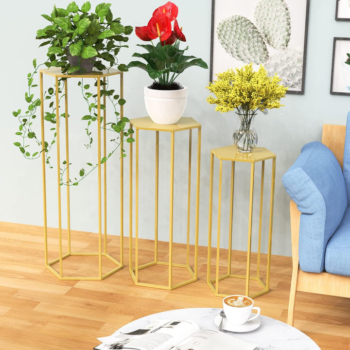 Wokceer Pflanzenständer Hexgon Metall Blumenständer Vase Säule Pflanzenständer 3 Set für Indoor Outd