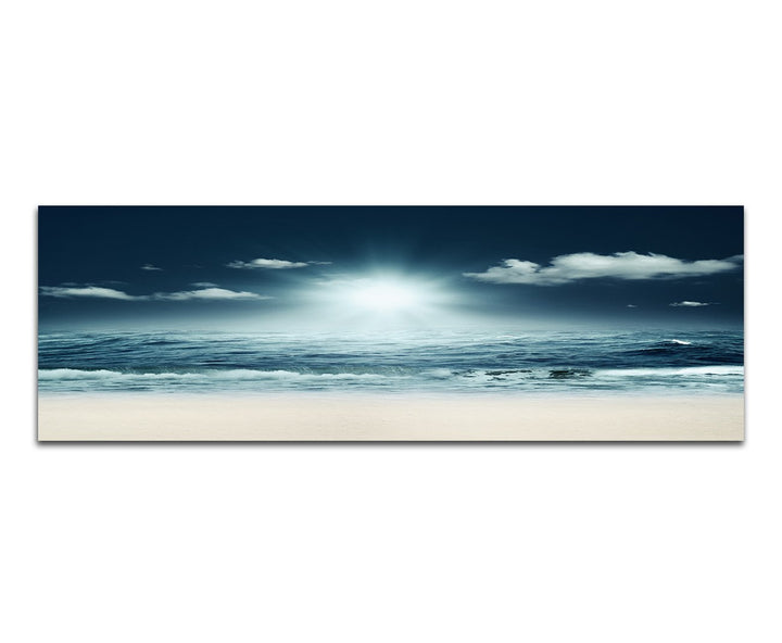 Paul Sinus Art Panoramabild auf Leinwand und Keilrahmen 150x50cm Strand Meer Wellen Licht Nacht abst