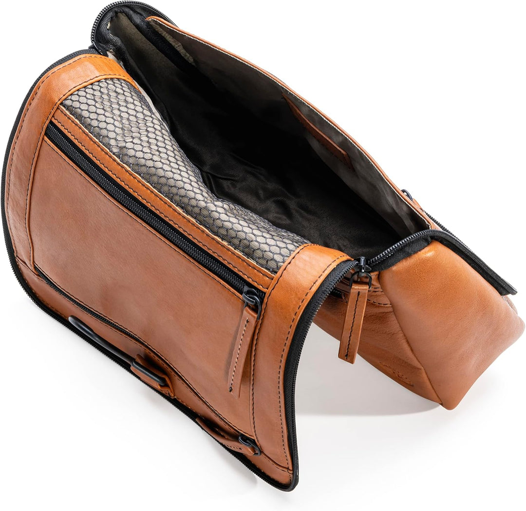 Memphis Damen/Herren Leder Kulturbeutel | grosse Kosmetiktasche mit Haken zum Aufhängen | viele Fäch