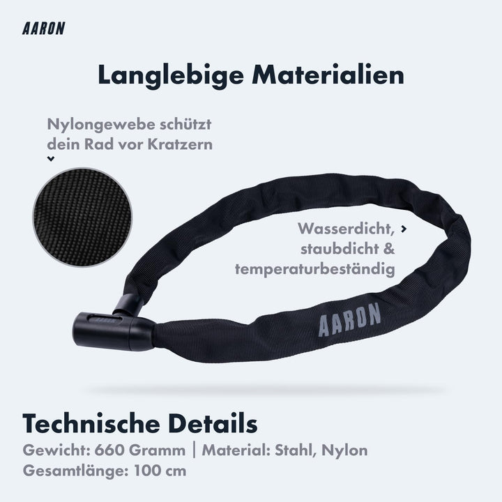 AARON Lock One Fahrradschloss mit Schlüssel, Kettenschloss aus Stahl und hoher Sicherheitsstufe, Sch