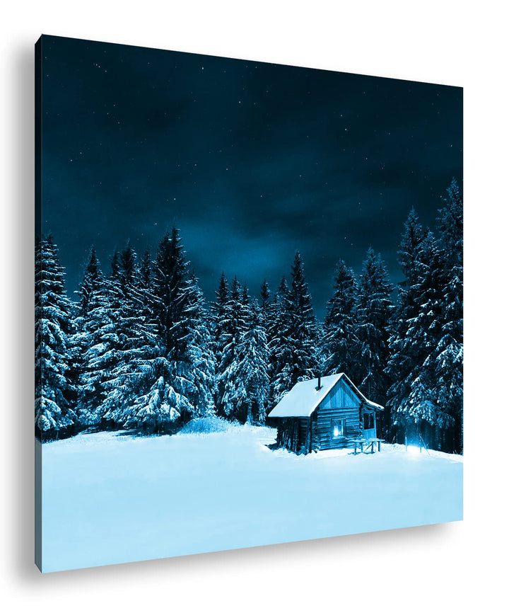 kleine Skihütte auf dem Gipfel Format: 70x70 Effekt: Monocrome Blau als Leinwandbild, Motiv fertig g